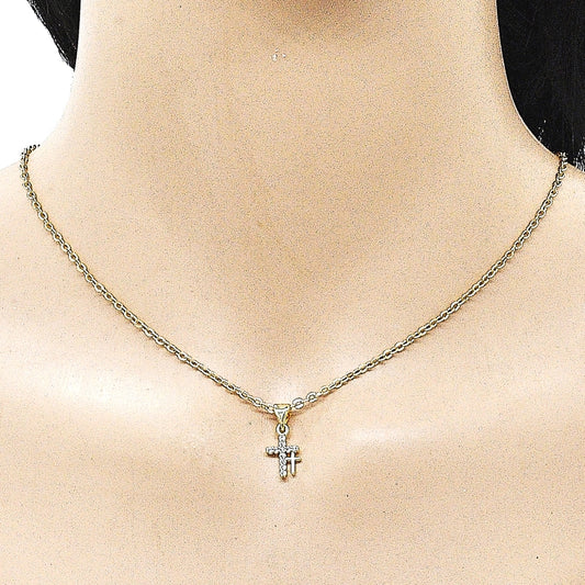 Oro Laminado Religious Pendant, Gold Filled Style Cross Design, with White Cubic Zirconia, Polished, Golden Finish