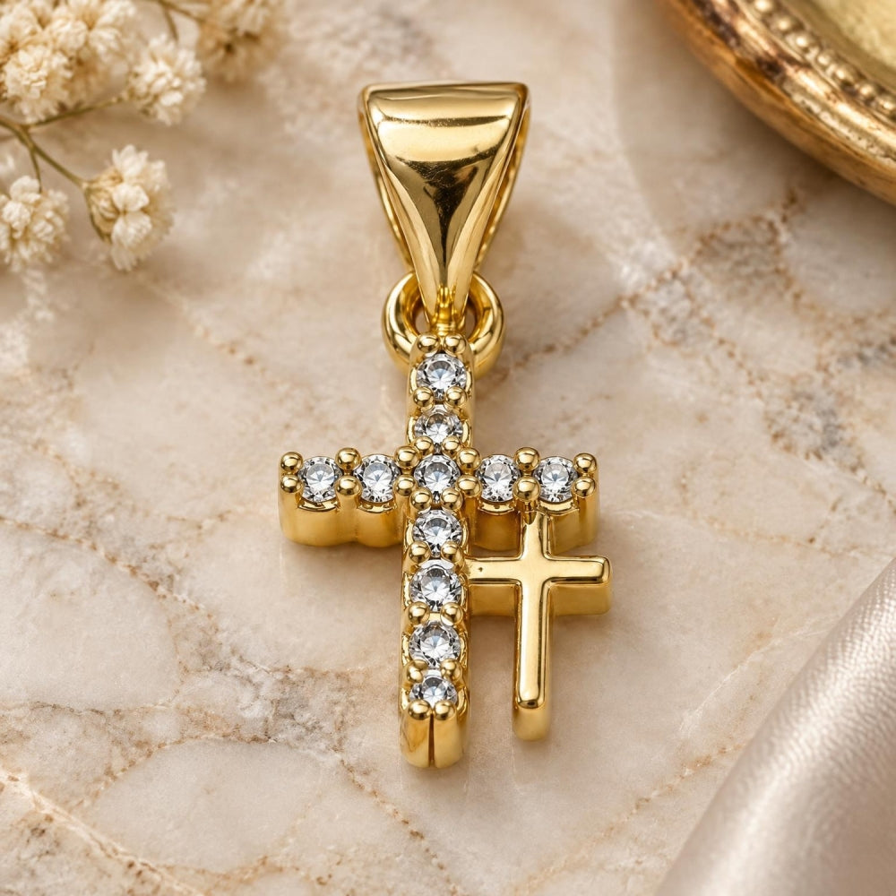 Oro Laminado Religious Pendant, Gold Filled Style Cross Design, with White Cubic Zirconia, Polished, Golden Finish