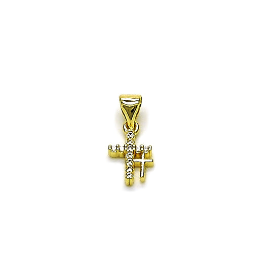 Oro Laminado Religious Pendant, Gold Filled Style Cross Design, with White Cubic Zirconia, Polished, Golden Finish