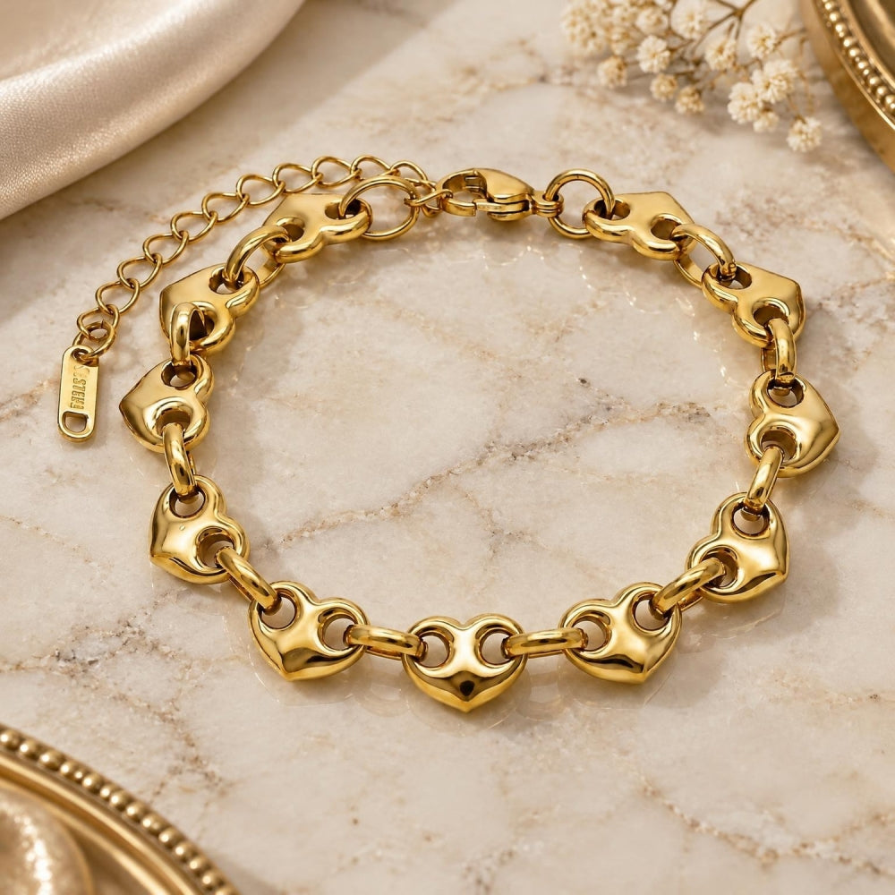 Stainless Steel Fancy Bracelet, Heart Design, Polished, Golden Finish