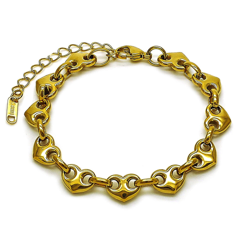 Stainless Steel Fancy Bracelet, Heart Design, Polished, Golden Finish