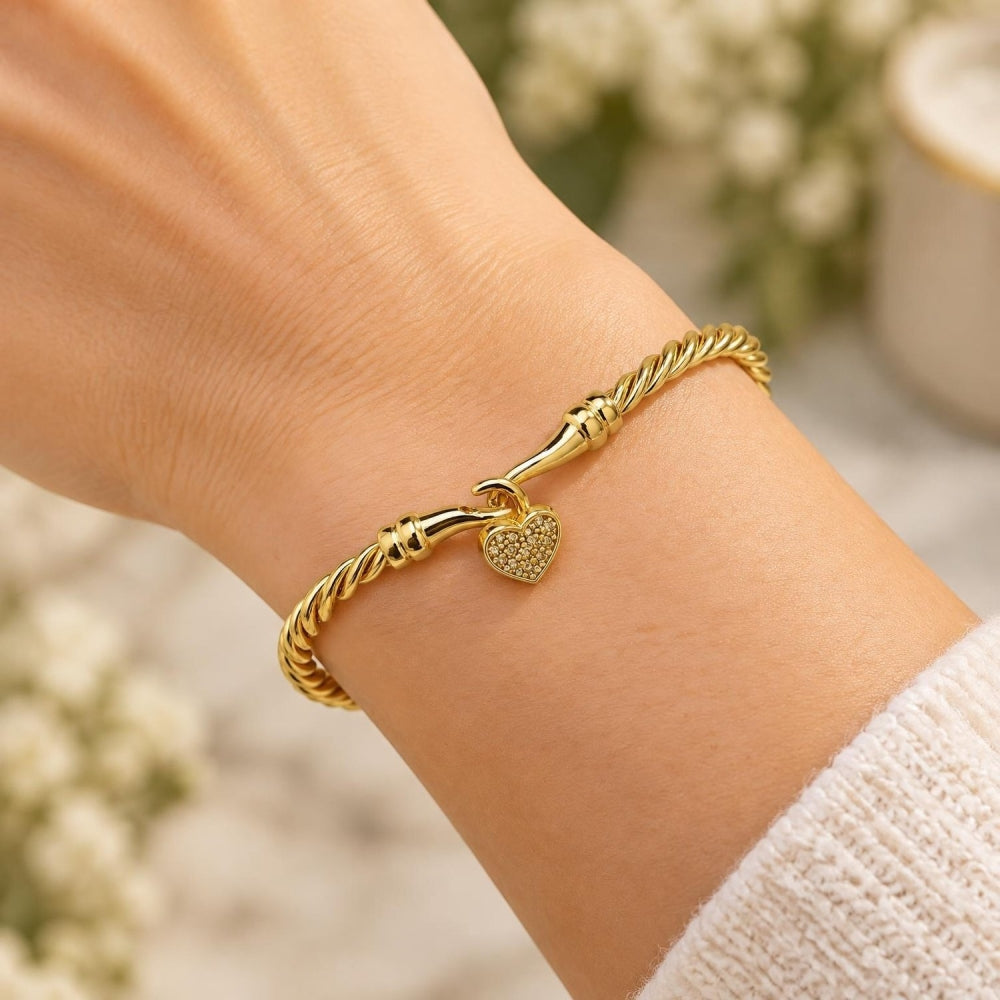 Oro Laminado Individual Bangle, Gold Filled Style Heart Design, with White Micro Pave, Polished, Golden Finish