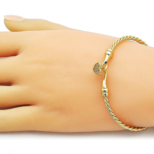 Oro Laminado Individual Bangle, Gold Filled Style Heart Design, with White Micro Pave, Polished, Golden Finish