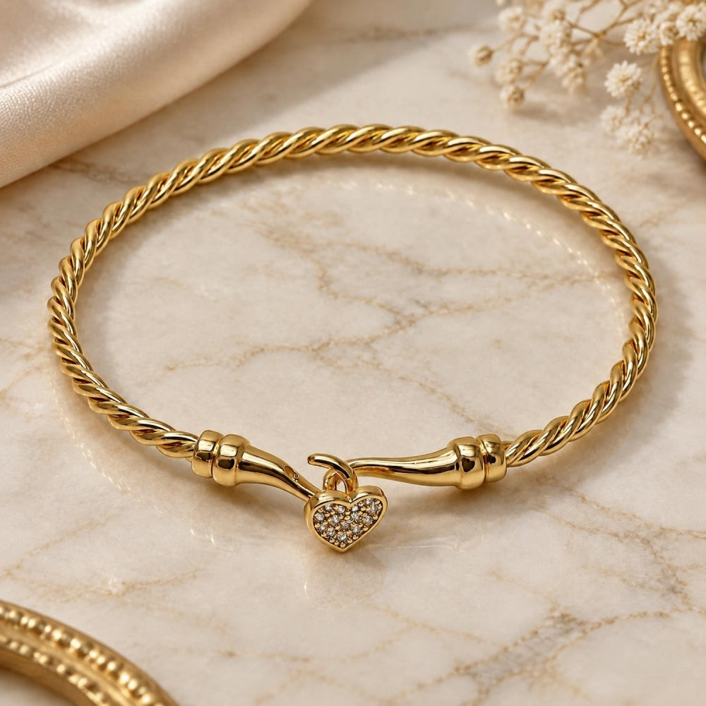 Oro Laminado Individual Bangle, Gold Filled Style Heart Design, with White Micro Pave, Polished, Golden Finish