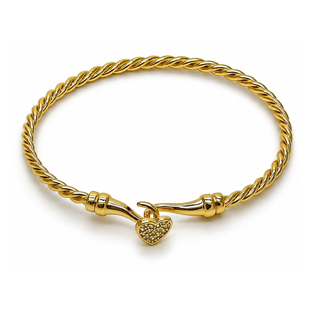 Oro Laminado Individual Bangle, Gold Filled Style Heart Design, with White Micro Pave, Polished, Golden Finish