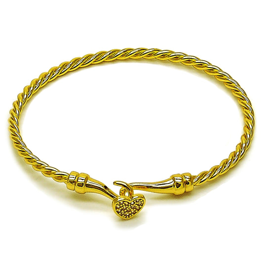 Oro Laminado Individual Bangle, Gold Filled Style Heart Design, with White Micro Pave, Polished, Golden Finish