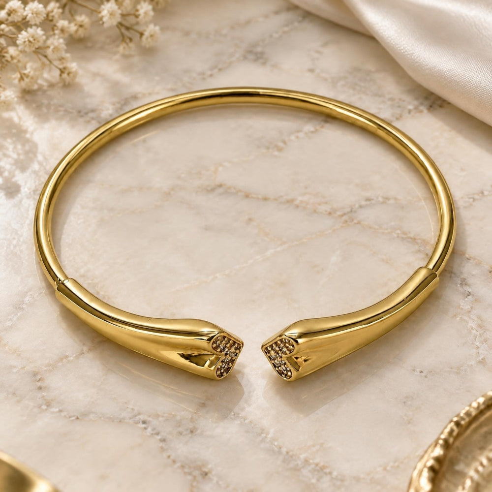 Oro Laminado Individual Bangle, Gold Filled Style Heart Design, with White Micro Pave, Polished, Golden Finish