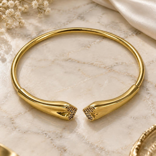 Oro Laminado Individual Bangle, Gold Filled Style Heart Design, with White Micro Pave, Polished, Golden Finish