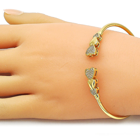 Oro Laminado Individual Bangle, Gold Filled Style Heart Design, with White Micro Pave, Polished, Golden Finish