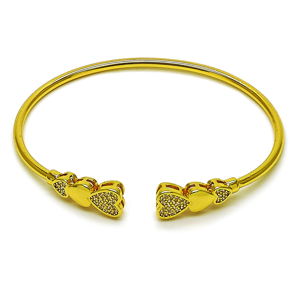 Oro Laminado Individual Bangle, Gold Filled Style Heart Design, with White Micro Pave, Polished, Golden Finish