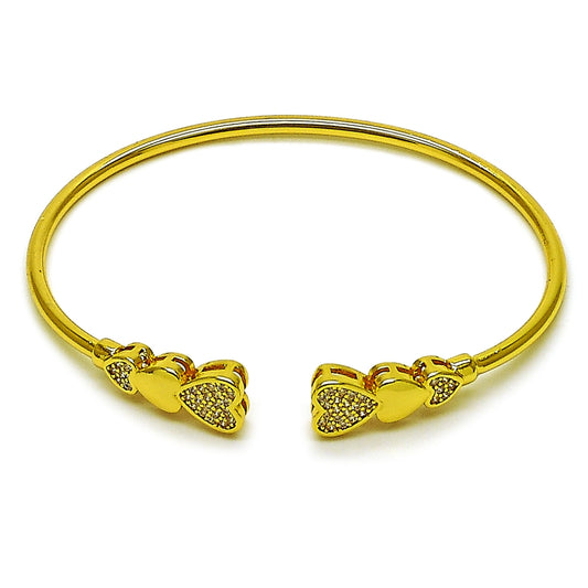Oro Laminado Individual Bangle, Gold Filled Style Heart Design, with White Micro Pave, Polished, Golden Finish