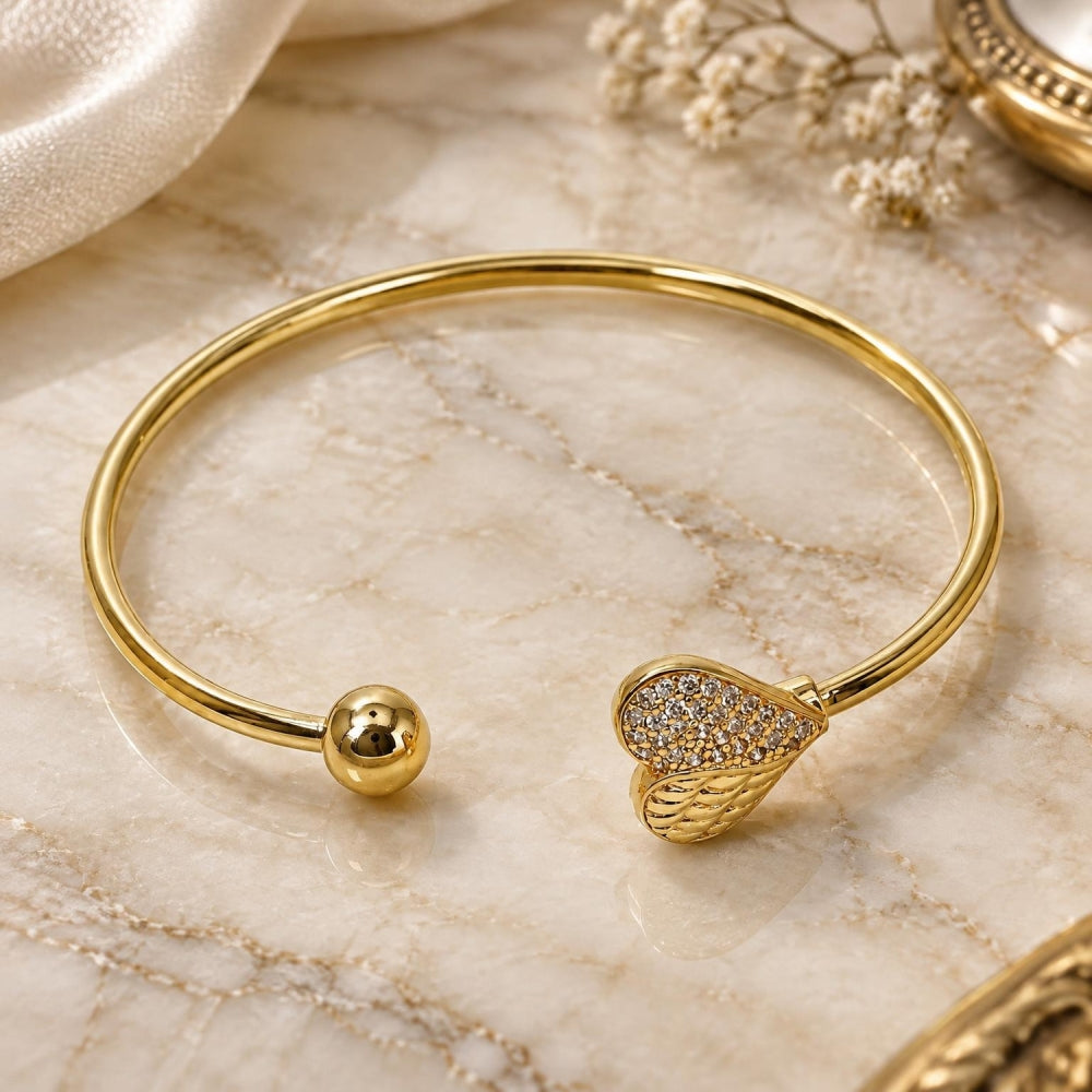Oro Laminado Individual Bangle, Gold Filled Style Heart and Ball Design, with White Cubic Zirconia, Polished, Golden Finish
