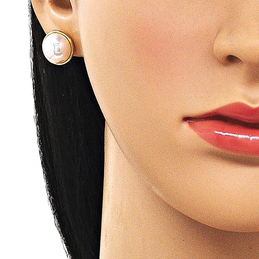 Oro Laminado Stud Earring, Gold Filled Style Ball Design, with Ivory Mother of Pearl, Polished, Golden Finish