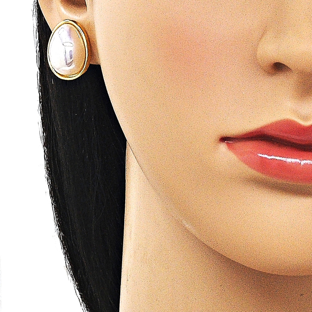 Oro Laminado Stud Earring, Gold Filled Style Teardrop Design, with Ivory Mother of Pearl, Polished, Golden Finish