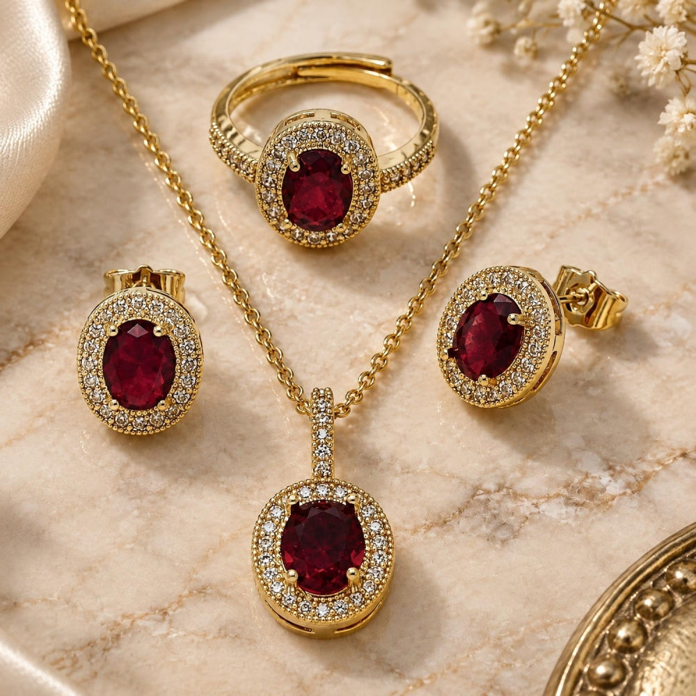 Oro Laminado Necklace, Earring and Ring, Gold Filled Style Cluster Design, with White and Garnet Cubic Zirconia, Polished, Golden Finish