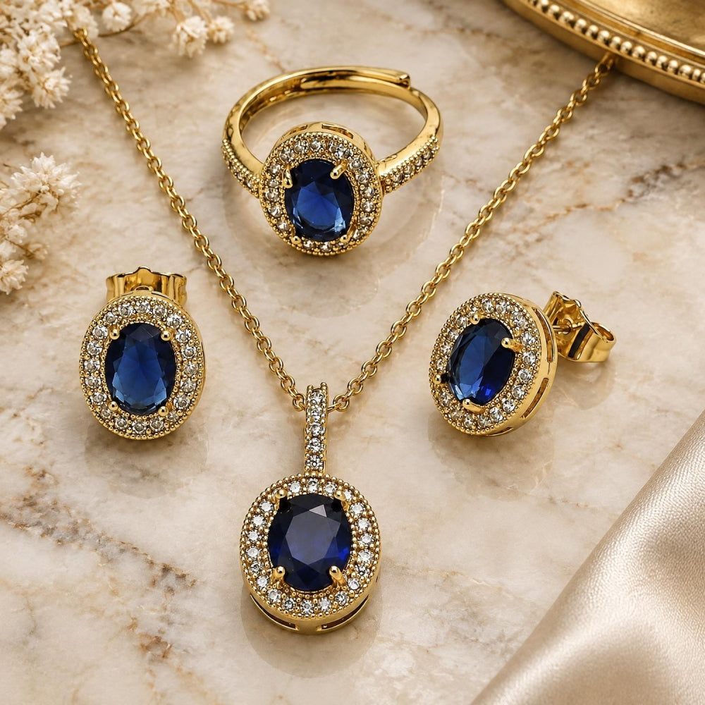 Oro Laminado Necklace, Earring and Ring, Gold Filled Style Cluster Design, with Sapphire Blue and White Cubic Zirconia, Polished, Golden Finish