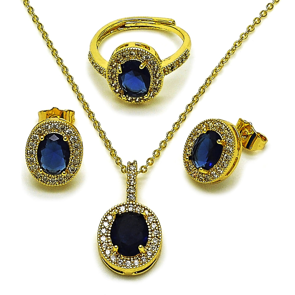 Oro Laminado Necklace, Earring and Ring, Gold Filled Style Cluster Design, with Sapphire Blue and White Cubic Zirconia, Polished, Golden Finish
