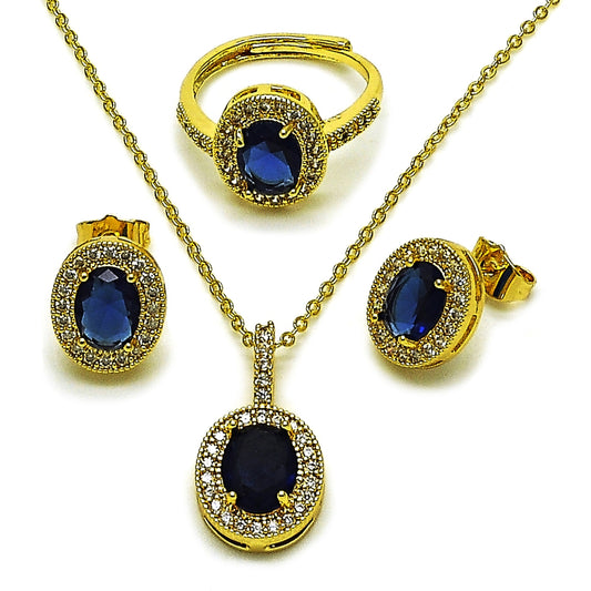 Oro Laminado Necklace, Earring and Ring, Gold Filled Style Cluster Design, with Sapphire Blue and White Cubic Zirconia, Polished, Golden Finish