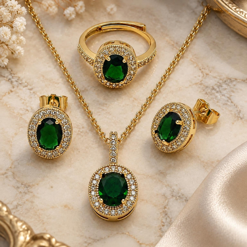 Oro Laminado Necklace, Earring and Ring, Gold Filled Style Cluster Design, with Green and White Cubic Zirconia, Polished, Golden Finish