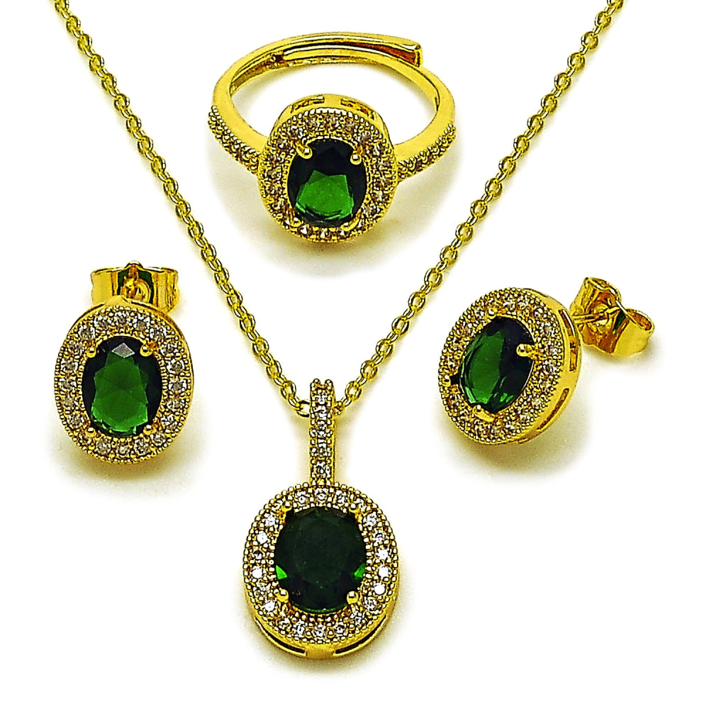 Oro Laminado Necklace, Earring and Ring, Gold Filled Style Cluster Design, with Green and White Cubic Zirconia, Polished, Golden Finish