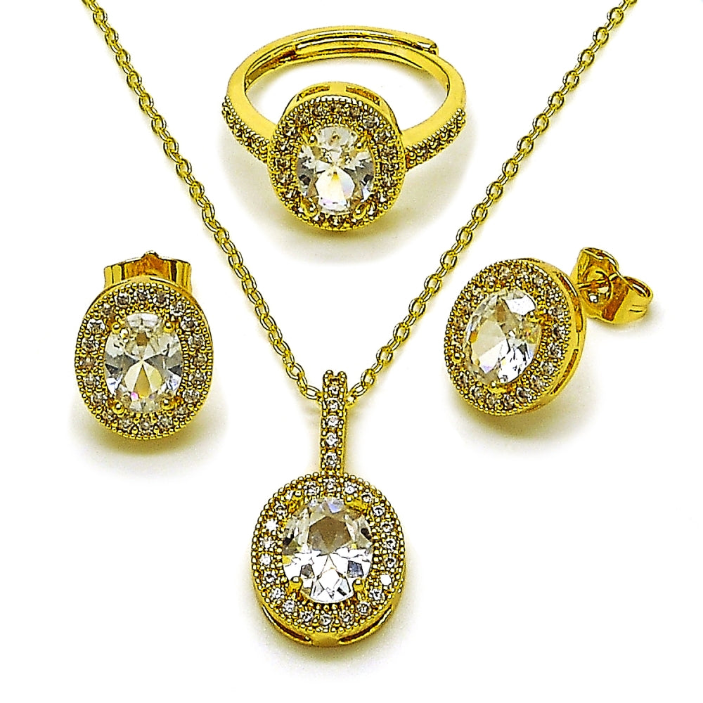 Oro Laminado Necklace, Earring and Ring, Gold Filled Style Cluster Design, with White Cubic Zirconia, Polished, Golden Finish