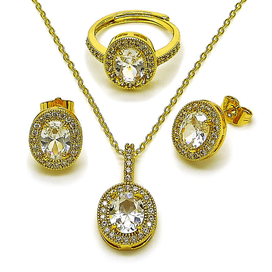 Oro Laminado Necklace, Earring and Ring, Gold Filled Style Cluster Design, with White Cubic Zirconia, Polished, Golden Finish