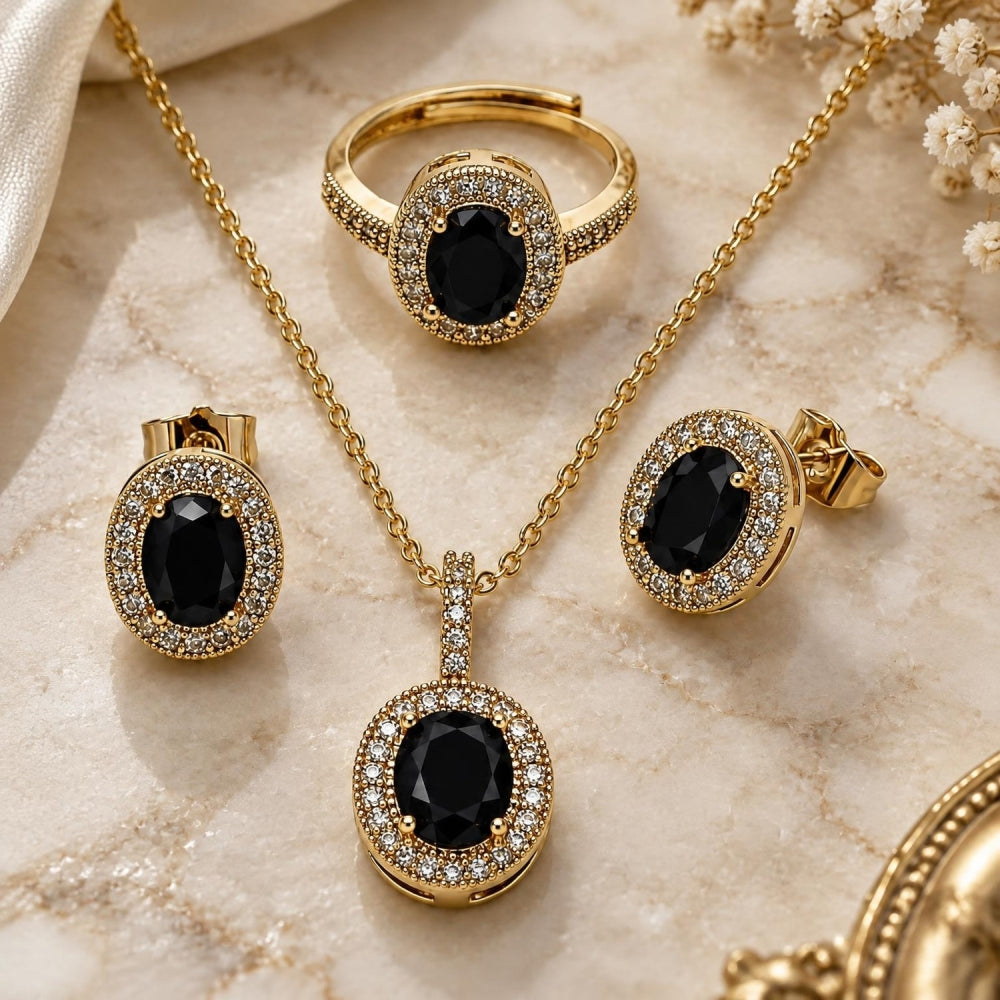 Oro Laminado Necklace, Earring and Ring, Gold Filled Style Cluster Design, with Black and White Cubic Zirconia, Polished, Golden Finish