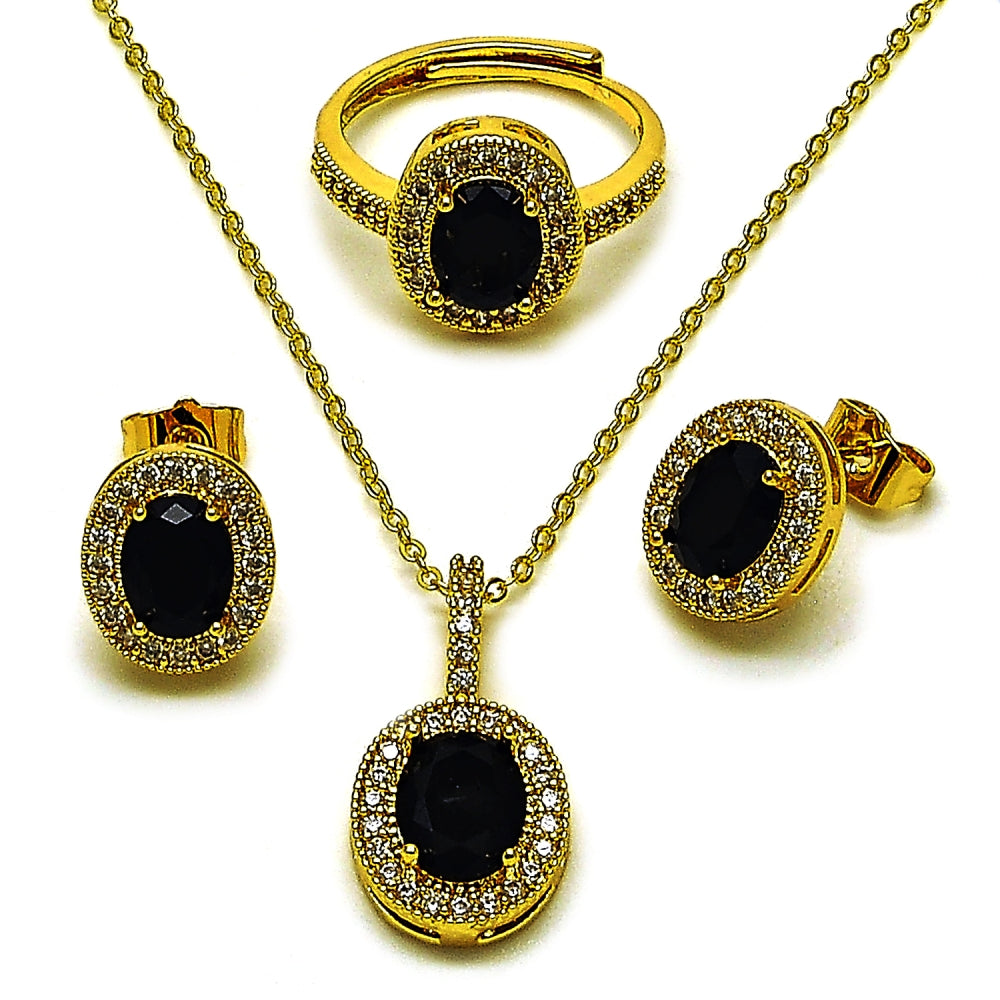 Oro Laminado Necklace, Earring and Ring, Gold Filled Style Cluster Design, with Black and White Cubic Zirconia, Polished, Golden Finish