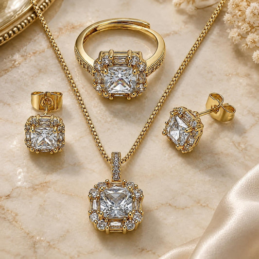 Oro Laminado Necklace, Earring and Ring, Gold Filled Style Cluster and Baguette Design, with White Cubic Zirconia, Polished, Golden Finish