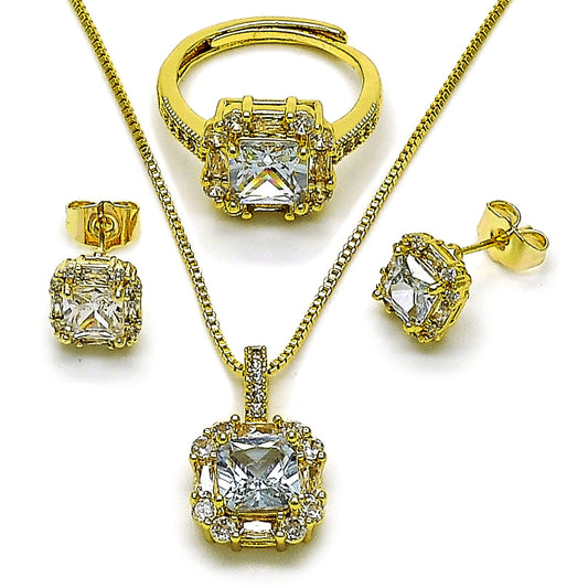 Oro Laminado Necklace, Earring and Ring, Gold Filled Style Cluster and Baguette Design, with White Cubic Zirconia, Polished, Golden Finish