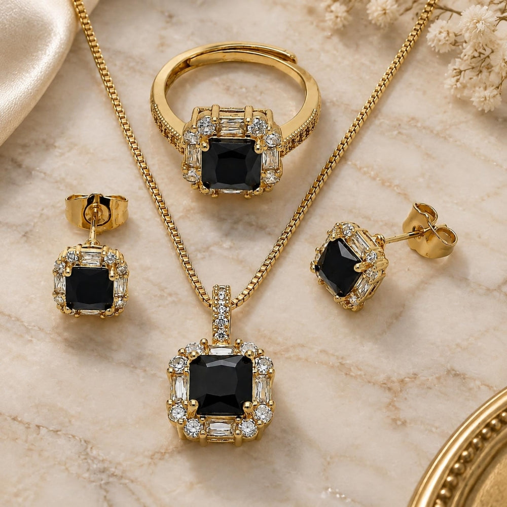 Oro Laminado Necklace, Earring and Ring, Gold Filled Style Cluster and Baguette Design, with Black and White Cubic Zirconia, Polished, Golden Finish