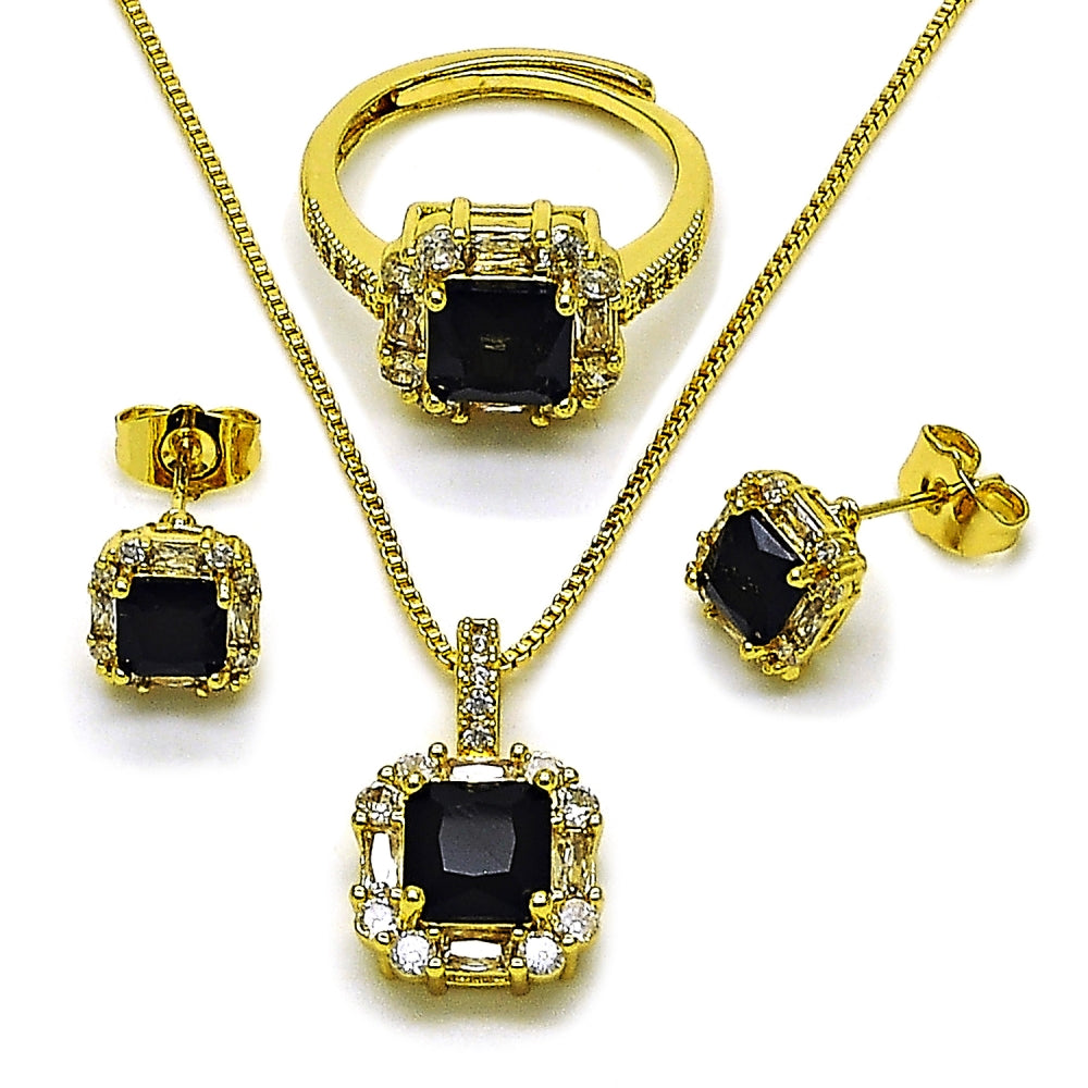 Oro Laminado Necklace, Earring and Ring, Gold Filled Style Cluster and Baguette Design, with Black and White Cubic Zirconia, Polished, Golden Finish