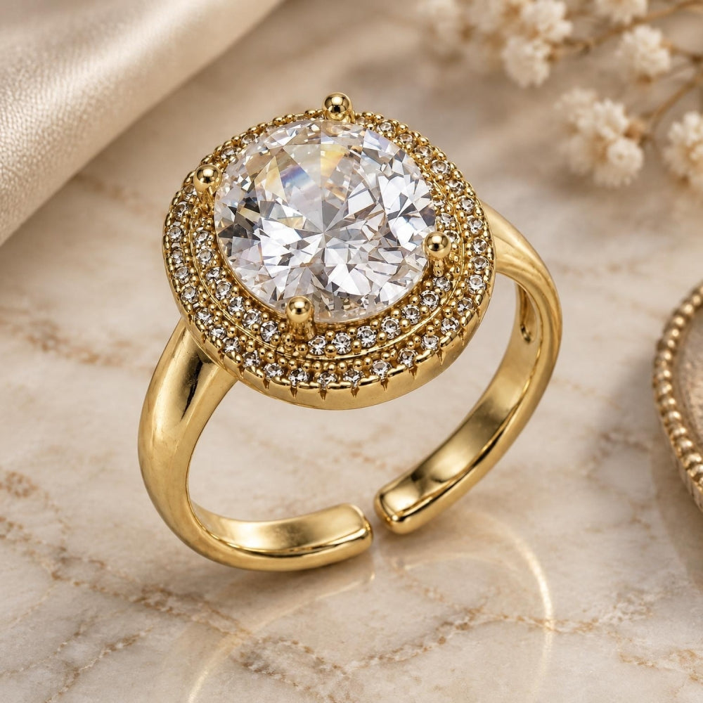 Oro Laminado Multi Stone Ring, Gold Filled Style Cluster Design, with White Cubic Zirconia and White Micro Pave, Polished, Golden Finish
