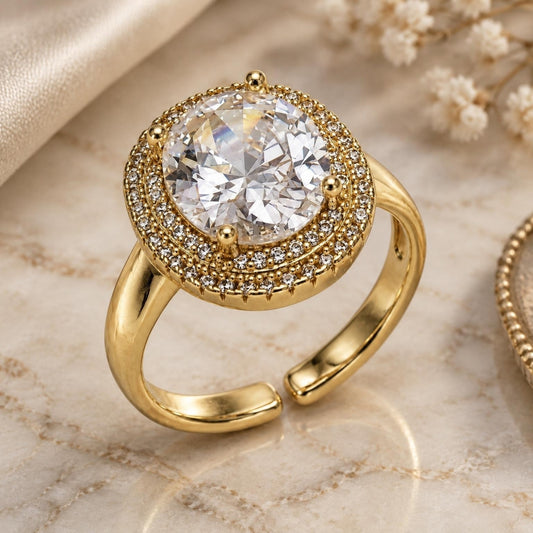 Oro Laminado Multi Stone Ring, Gold Filled Style Cluster Design, with White Cubic Zirconia and White Micro Pave, Polished, Golden Finish