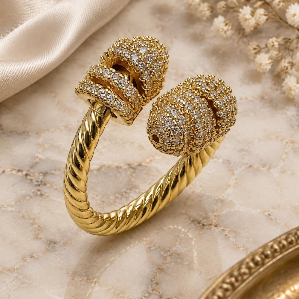 Oro Laminado Multi Stone Ring, Gold Filled Style Twist Design, with White Micro Pave, Polished, Golden Finish