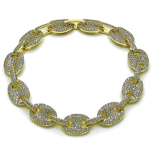 Oro Laminado Fancy Bracelet, Gold Filled Style Puff Mariner Design, with White Micro Pave, Polished, Golden Finish