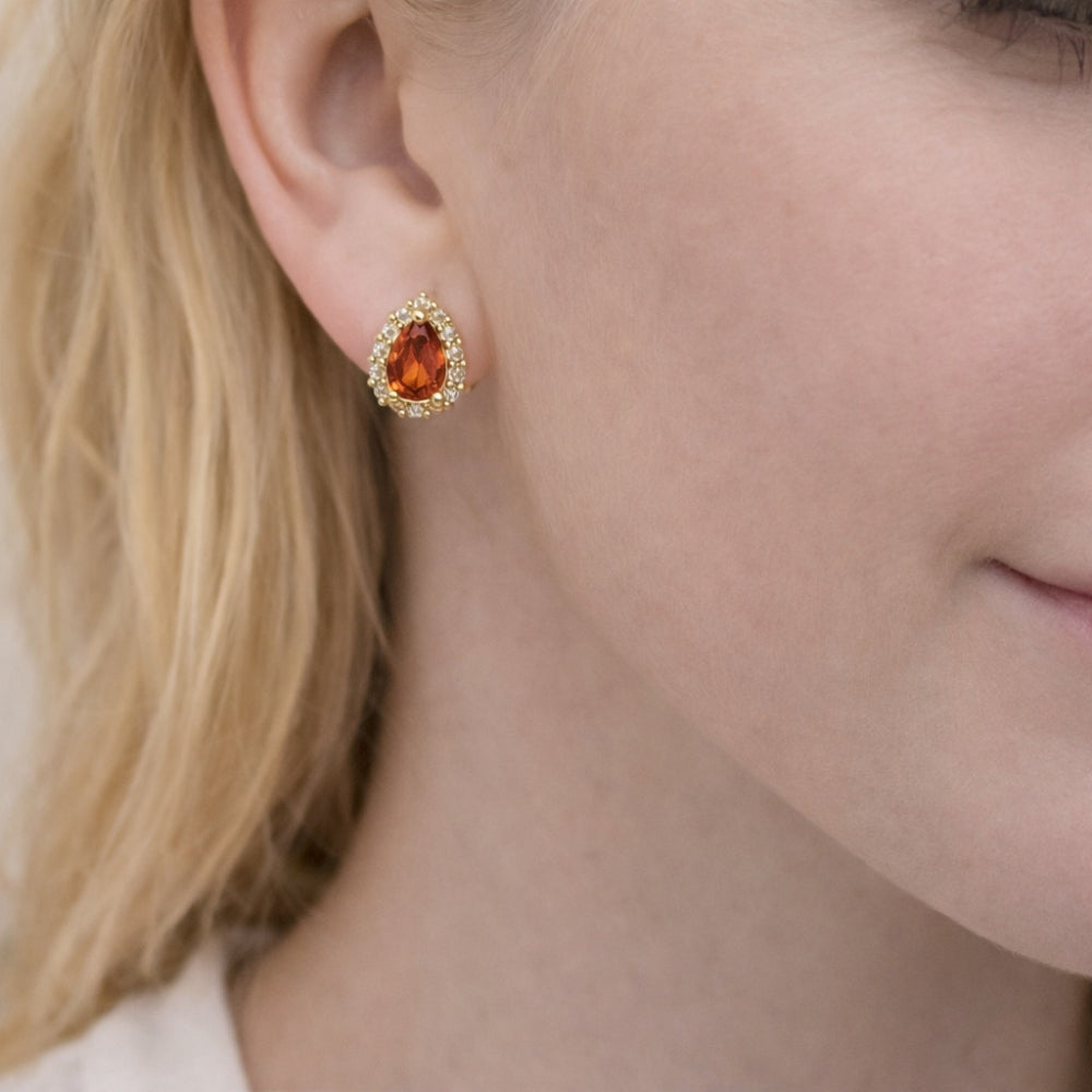Oro Laminado Stud Earring, Gold Filled Style Teardrop and Cluster Design, with Garnet and White Cubic Zirconia, Polished, Golden Finish