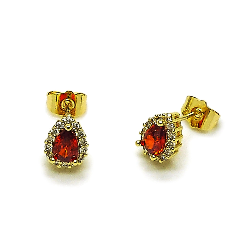 Oro Laminado Stud Earring, Gold Filled Style Teardrop and Cluster Design, with Garnet and White Cubic Zirconia, Polished, Golden Finish