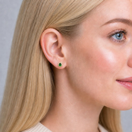 Oro Laminado Stud Earring, Gold Filled Style Teardrop and Cluster Design, with Green and White Cubic Zirconia, Polished, Golden Finish