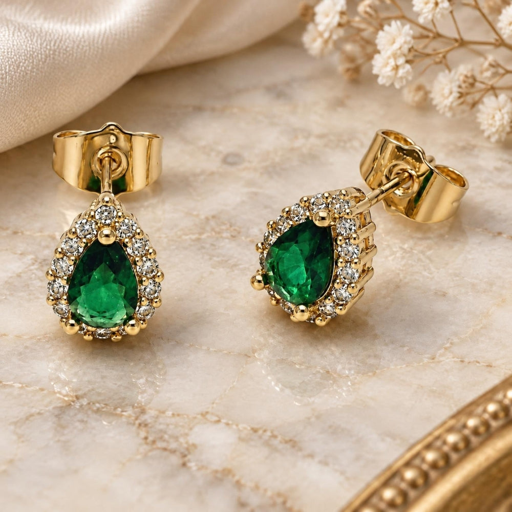 Oro Laminado Stud Earring, Gold Filled Style Teardrop and Cluster Design, with Green and White Cubic Zirconia, Polished, Golden Finish