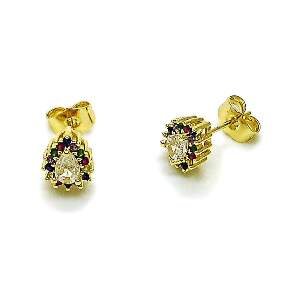 Oro Laminado Stud Earring, Gold Filled Style Teardrop and Cluster Design, with Multicolor and White Cubic Zirconia, Polished, Golden Finish