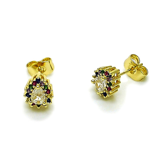 Oro Laminado Stud Earring, Gold Filled Style Teardrop and Cluster Design, with Multicolor and White Cubic Zirconia, Polished, Golden Finish