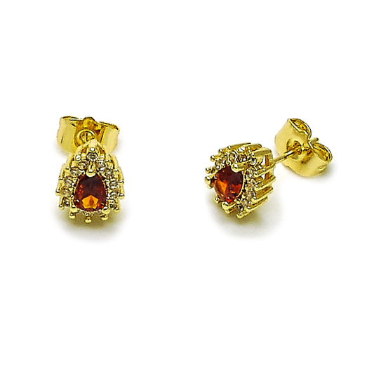 Oro Laminado Stud Earring, Gold Filled Style Teardrop and Cluster Design, with Garnet and White Cubic Zirconia, Polished, Golden Finish