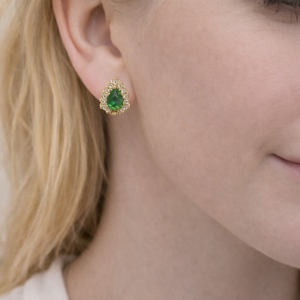 Oro Laminado Stud Earring, Gold Filled Style Teardrop and Cluster Design, with Green and White Cubic Zirconia, Polished, Golden Finish