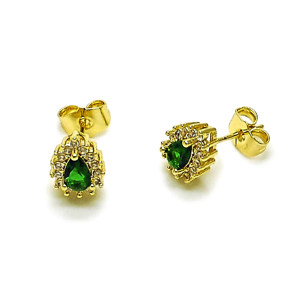 Oro Laminado Stud Earring, Gold Filled Style Teardrop and Cluster Design, with Green and White Cubic Zirconia, Polished, Golden Finish