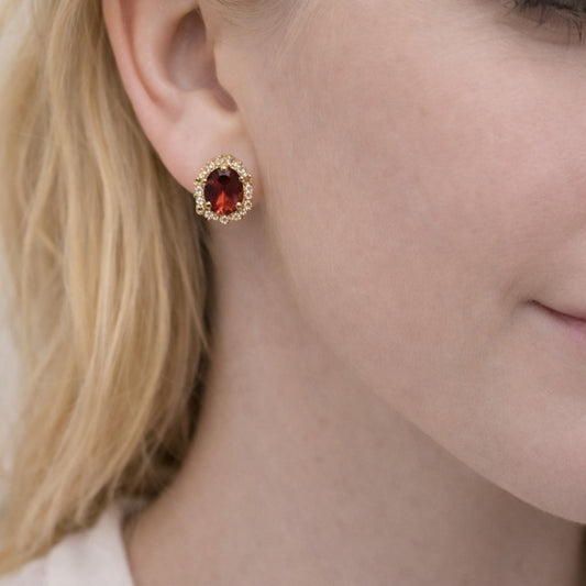 Oro Laminado Stud Earring, Gold Filled Style Cluster Design, with Garnet and White Cubic Zirconia, Polished, Golden Finish
