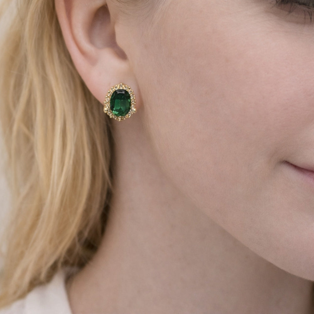 Oro Laminado Stud Earring, Gold Filled Style Cluster Design, with Green and White Cubic Zirconia, Polished, Golden Finish