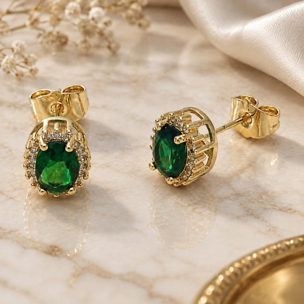 Oro Laminado Stud Earring, Gold Filled Style Cluster Design, with Green and White Cubic Zirconia, Polished, Golden Finish