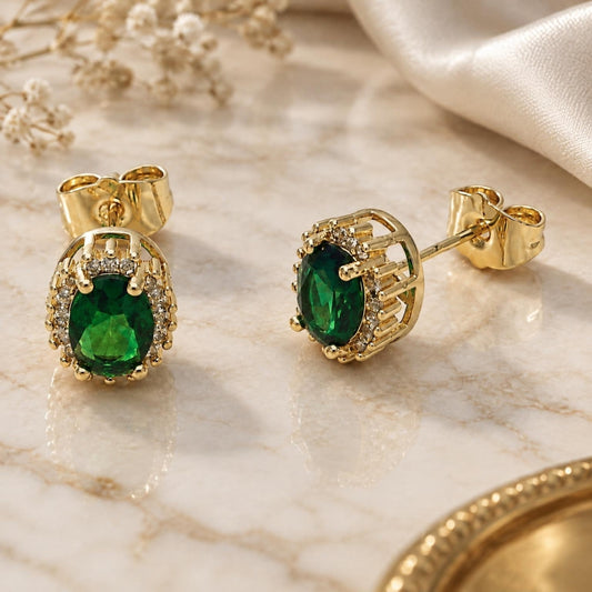 Oro Laminado Stud Earring, Gold Filled Style Cluster Design, with Green and White Cubic Zirconia, Polished, Golden Finish