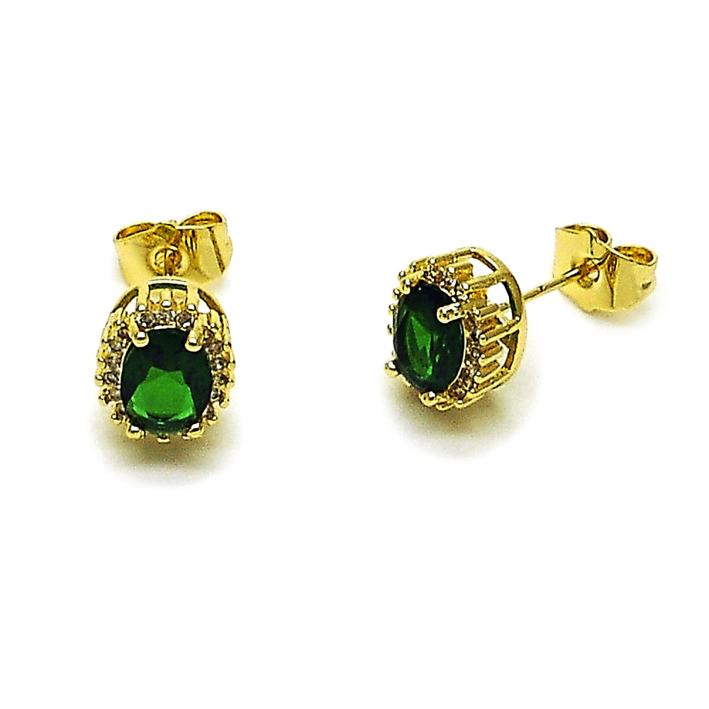 Oro Laminado Stud Earring, Gold Filled Style Cluster Design, with Green and White Cubic Zirconia, Polished, Golden Finish